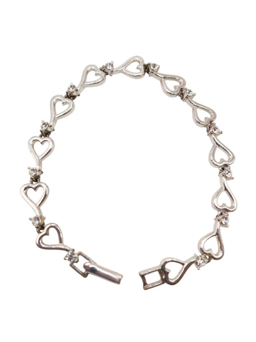 Rhinestone Silver Tone Heart Link Tennis Bracelet 7" Classic Bracelet Unsigned